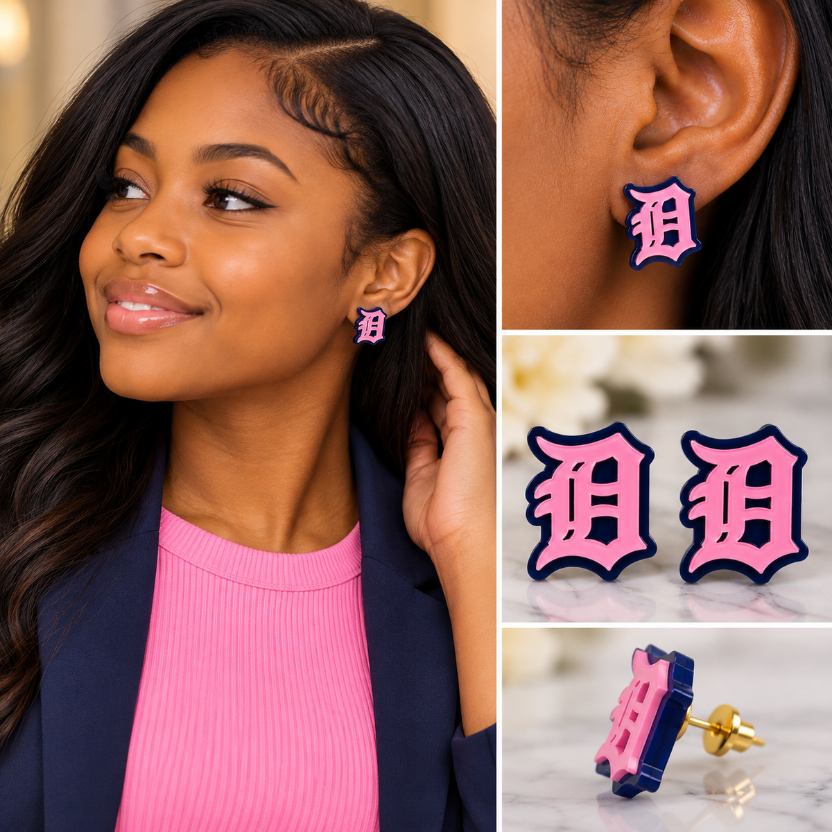 Jills~ Detroit Stud Earrings – Pink & Navy