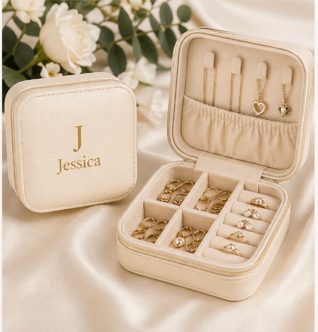 Personalized Travel Jewelry Case – Cream or Black | Bridesmaid Gift, Wedding Keepsake