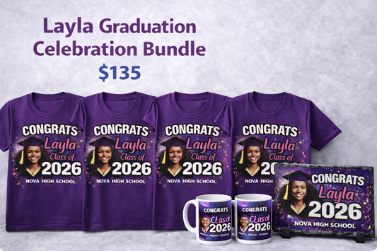 🎓 FAMILY PACK- Graduation Celebration Bundle – (4 Shirts, 1 Slate, and 2 Mugs)-$135